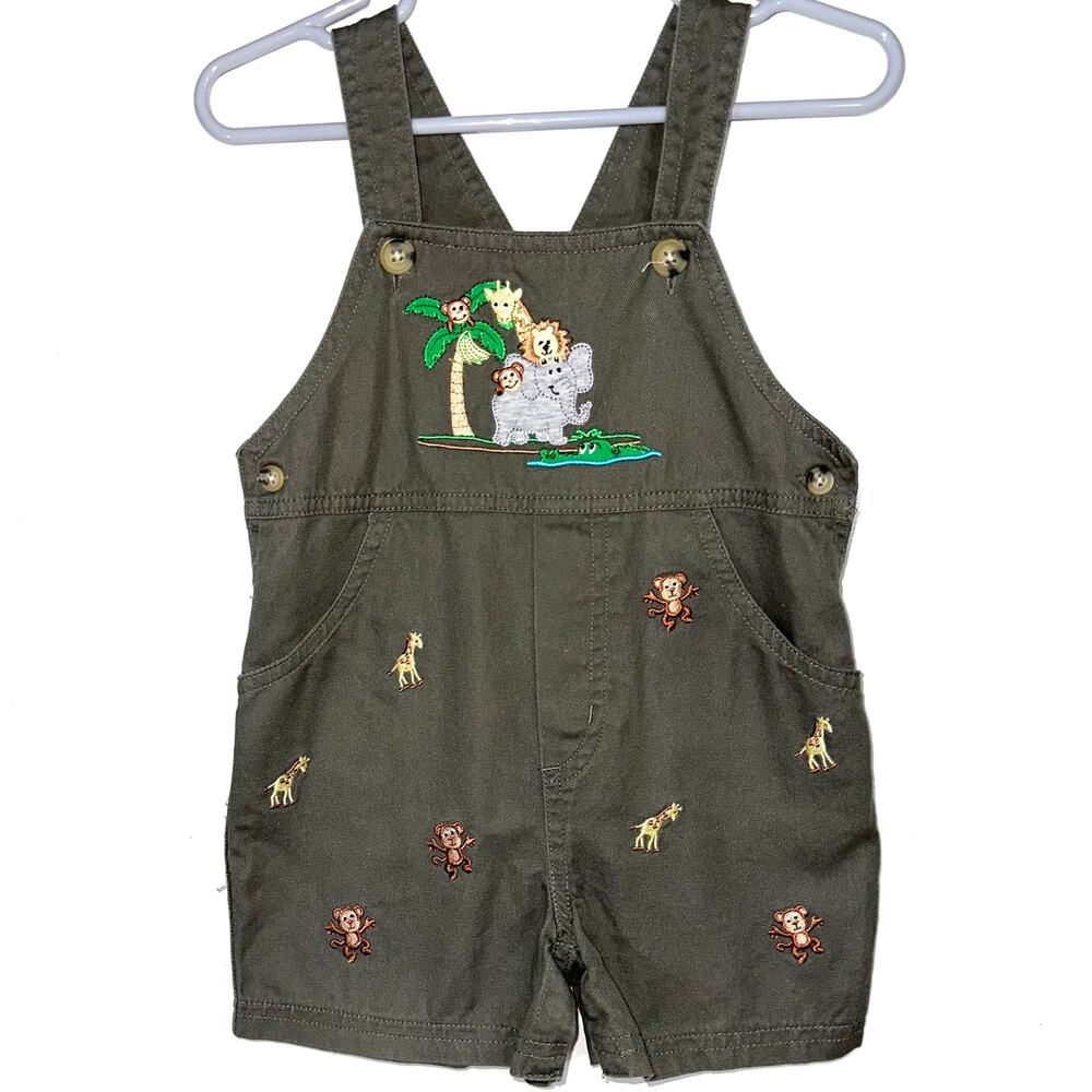 GoodLad Baby Boys Jungle Animal Army Green Cotton Shortalls Size 18M